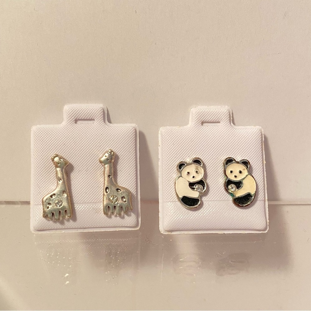 Giraffe Silver-Tone/ Panda Bear Enamel & Silver-Tone Stud Pierced Earrings